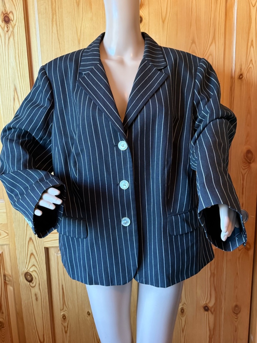 Lauren Ralph Lauren Blazer Jacket Linen Wool Black Striped Plus Size 18 W